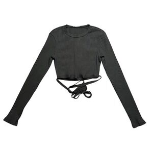 Zara Womens Large Black Ribbed Long Sleeve Crop Top Wrap Tie Waist 3253/809